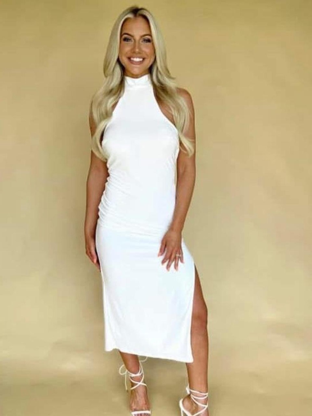 Sleeveless White Halter Midi Dress with Side Slit